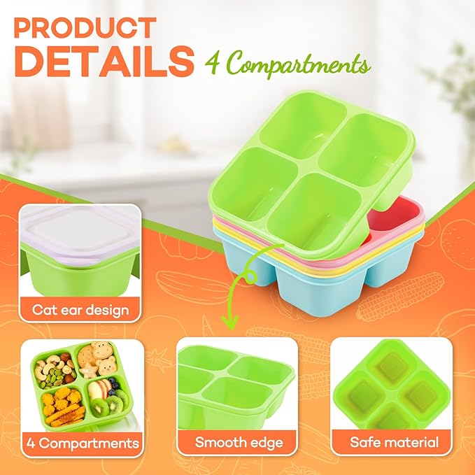 Bento Box Adult Lunch Box- 4 Pack,4 Compartment Snack Containers Reusable Meal Prep Stackable BPA-Free Lunch Containers for Home, Work, Travel (4 Color)