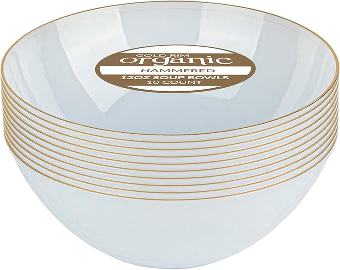 PLASTICPRO 30 Pack 12 Ounce Hammered Plastic Bowls Translucent White with Gold Rim Heavyweight Disposable Plastic Soup Bowls Elegant Translucent Hammered Gold Rim Platsic Party Dishes