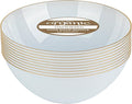 PLASTICPRO 30 Pack 12 Ounce Hammered Plastic Bowls Translucent White with Gold Rim Heavyweight Disposable Plastic Soup Bowls Elegant Translucent Hammered Gold Rim Platsic Party Dishes