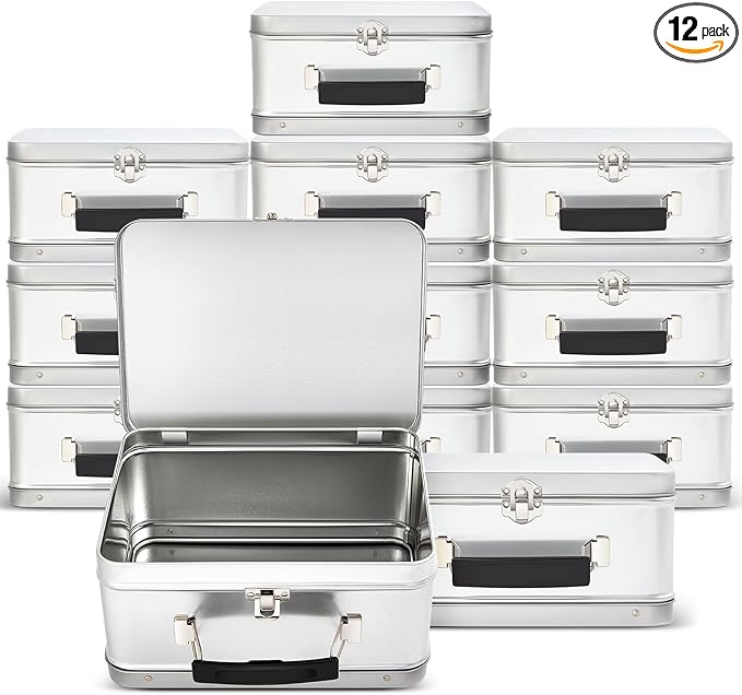 Rtteri 12 Pack DIY Lunch Box Tin Retro Set 8 x 6 x 4 Inches with Hinged Lids DIY Large Box for Storage Blank Design Vintage Metal Lunchbox for Kids Sandwich Containers (Silver)