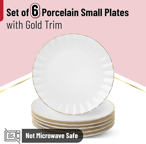 BTaT- White Dessert Plates, Set of 6, 8 inch, White Porcelain with Gold Trim, Small Plate, Small Appetizer Plates