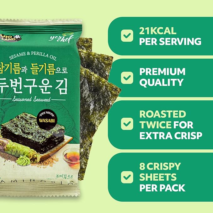 Kim’s Table Roasted Seaweed Snack – Korean Seasoned Spicy Seaweed Sheets, Light & Crispy, Healthy Low Calorie Gluten Free Vegan Snack, 6 Convenient Packs (0.14oz Each) (Wasabi) 와사비맛 한국 김