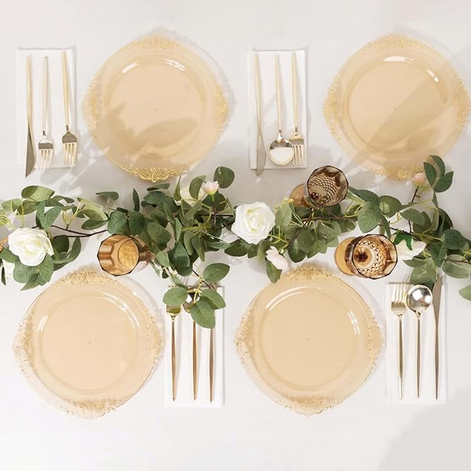 Efavormart 10 Pack | 10" Translucent Gold Baroque Dinner Plates, Leaf Embossed Metallic Rim Shatterproof Serving Plates for High-Fashion Galas