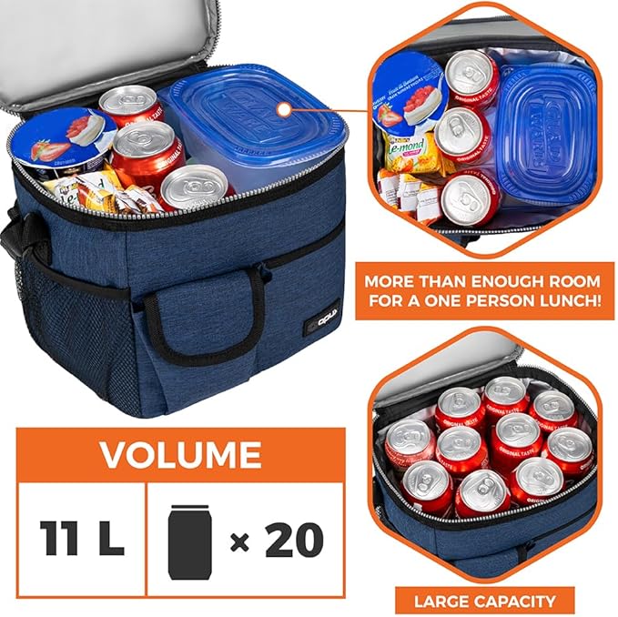 opux Insulated Lunch Box for Men Women Kids, Leakproof Reusable Lunch Bag Cooler for Work School Office, Soft Thermal Lunchbox Tote Shoulder Strap for Boys Girls Adults, Heather Navy, 18 Can/10L