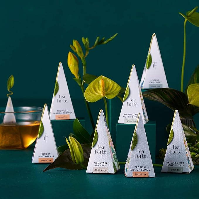 Tea Forte Premium Presentation Box Gift Set Sampler, 20 Count, Assorted Blends Individually Wrapped Handcrafted Pyramid Infuser Bags, Gifts for Mom, Demoiselle Tea