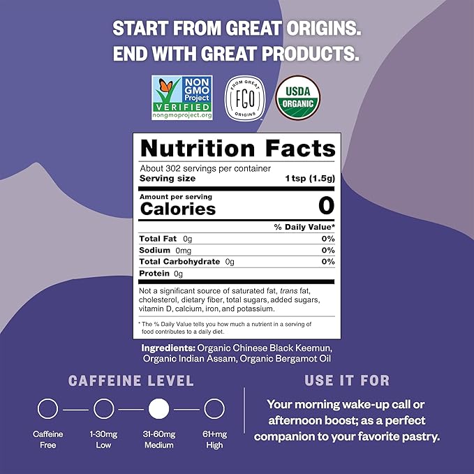 FGO Organic Earl Grey Black Tea, 16 Ounce Loose Leaf Bulk Resealable Bag, 16oz, Packaging May Vary (Pack of 1)