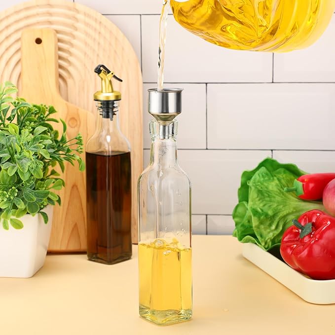 Hushee 12 Pcs Clear Glass Olive Oil Dispenser Bottles Sets Include 8oz Glass Bottle with Spout Oil Vinegar Cruet Container for Kitchen Stainless Steel Funnel Black Labels with White Pen(Gold)