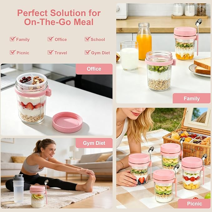 6 Pack Overnight Oats Containers with Lids and Spoon - 16 oz Glass Mason Jars with Separate Compartments Leakproof Chia Pudding Salad Yogurt Parfait Cups for Oatmeal Cereal Meal Prep (Pink)