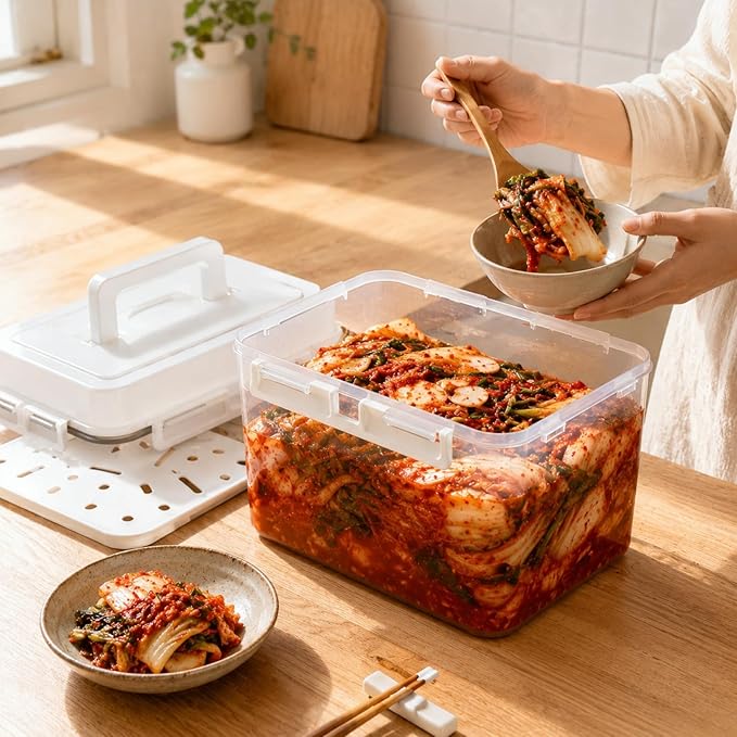 Kimchi Fermentation Container, Automatic Press Plate Sauerkraut Jar, Airtight Plastic Food Storage Container with Hidden Handle, Kimchi Making Kit, Clear Pickle Box for Home Kitchen, 5L/1.32gal