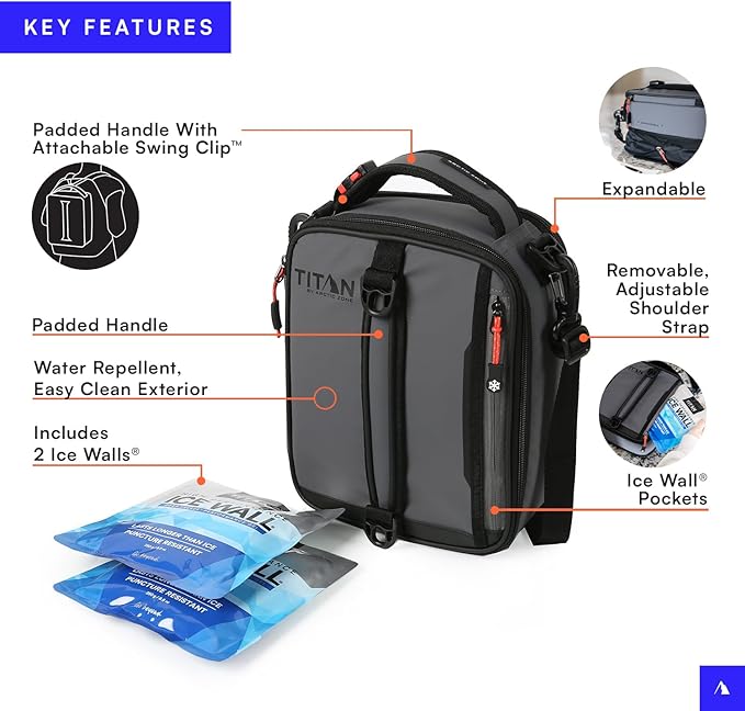 Titan by Arctic Zone Expandable Lunch Box with 2 Gel Ice Packs, Fridge Cold Insulated Cooler Bag with Leak Proof Lining for Men and Women, Sharkskin Gray
