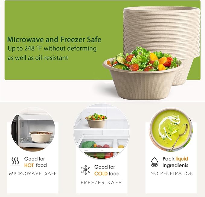 Homestockplus 48 Oz Disposable Bowls - Heavy Duty and Compostable Bowl - Made from Sugarcane and Bamboo Fibers, Microwave Safe - Large Paper Bowl for Soup, Salad, Ramen, Popcorn, etc. [50 Pack]