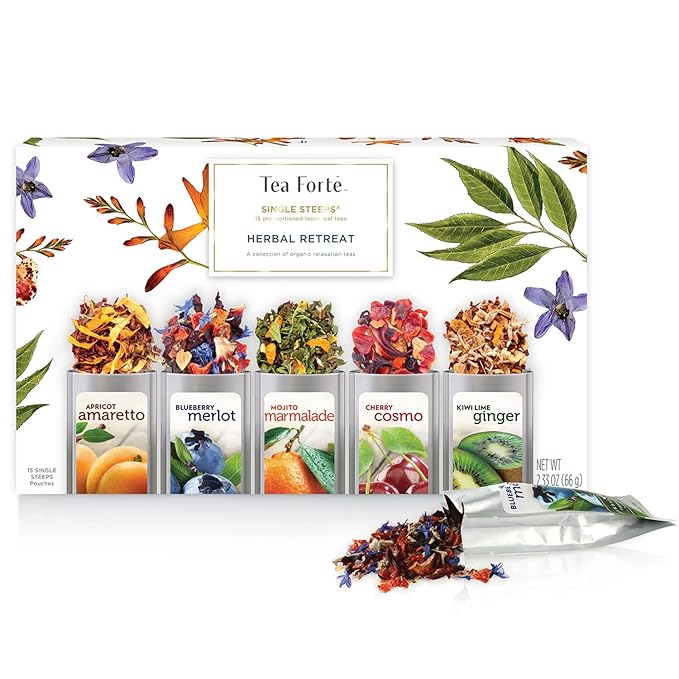 Tea Forte Single Steeps Loose Leaf Tea Sampler, Assorted Variety Tea Box, 15 Single Serve Pouches, Gifts for Mom, Herbal Retreat Tea