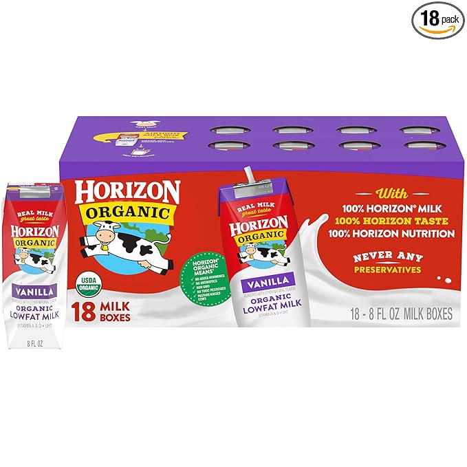 Horizon Organic Shelf Stable 1% Lowfat Vanilla Milk Boxes, Pack of 18 - 8g Protein per Serving