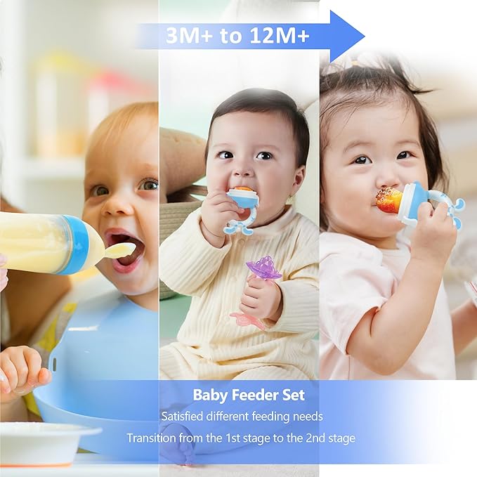 Baby Fruit Feeder Pacifier- 3 Pack | Infant Food Feeder Pacifier & Baby Food Dispensing Spoon | Mesh Fresh Fruit Teethers for Babies | Shower Gifts for Boys and Girls (Sky Blue)