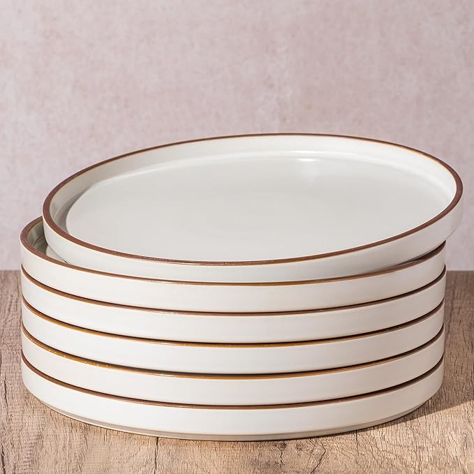 LERATIO Dinner Plates,10.25 Inch Ceramic Flat Plates Set of 6,High Edge Modern plates for Kitchen,Microwave & Dishwasher & Oven Safe, Scratch Resistant Dishes Set-White with Rim