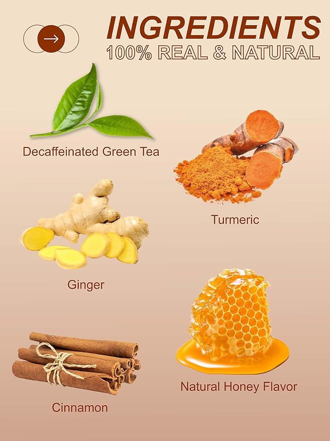 TeeLux Ginger Turmeric Decaf Green Tea, Smooth Decaffeinated Green Tea with Spicy Ginger, Earthy Turmeric & Sweet Honey Aroma, 100 Count, Hot & Iced Tea