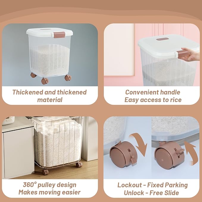 RUIAN Airtight Food Storage Bins with Wheels (Set of 2: 22LB + 55LB) — BPA-Free Clear Pantry Organizer, Lockable & Stackable for Rice, Flour, Grains, Pet Food