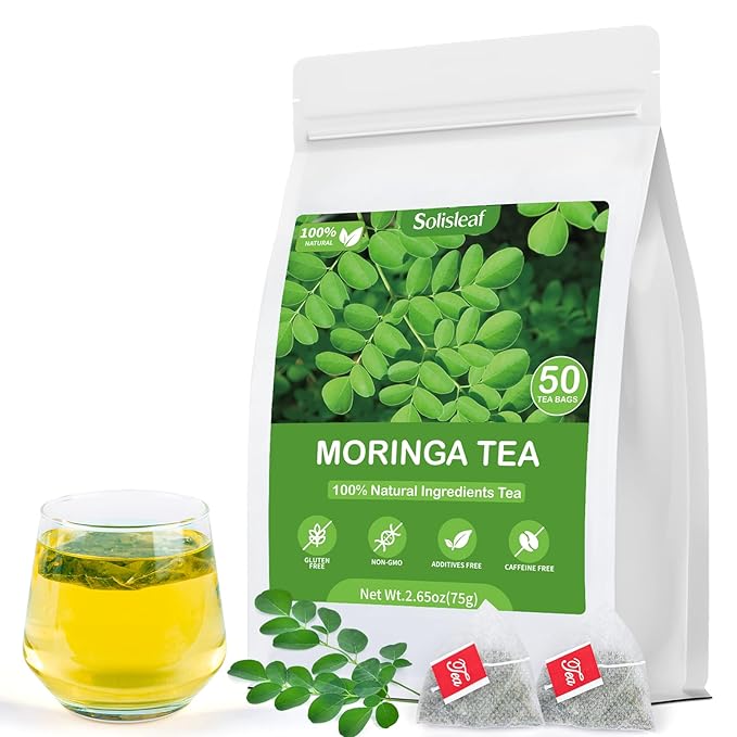 Moringa Tea, 100% Pure & Natural Moringa Leaves Herbal Tea Bags, Supporting Digestion & Immune System, Additive Free, Sugar Free, Non-GMO (50 Bags/1 Pack)