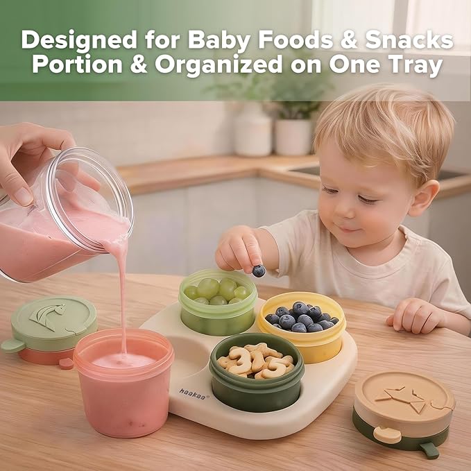 Haakaa Animal Friends Silicone Food Pod Set, 4oz/120ml Baby Food Containers & Jars with Tray, Leakproof Lids, Ice Cream Containers for Homemade Ice Cream,4 Pack,Oat Tray