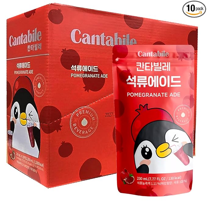 Cantabile Korean Convenience Store Pouch Drink Ready-to-Drink Refreshing Beverage Imported from Korea (Box of 10, Pomegranate)