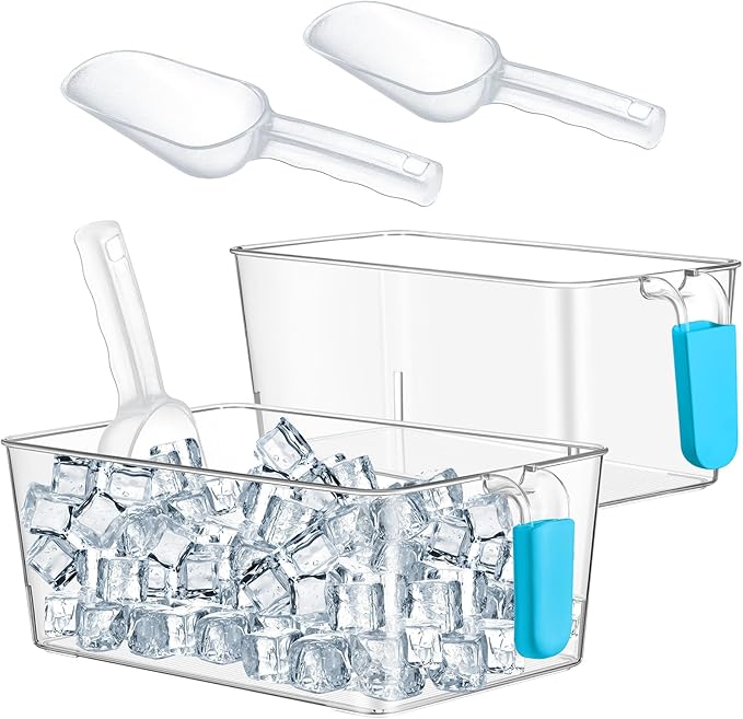 Havawish Ice Storage Bin and Flexible Scoop Set Plastic Freezer Bin with Pull out Handle Storage Bucket Clear for Container with Scoop(Light Blue,10.83 x 7 x 4.33 In,10.83 x 4.92 x 4.33 in,Classic)
