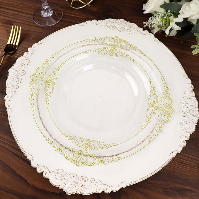 Efavormart 10 Pack | 8" Clear and Gold Baroque Dessert Plates, Leaf Embossed Metallic Rim Shatterproof Appetizer Plates for Boutique Receptions