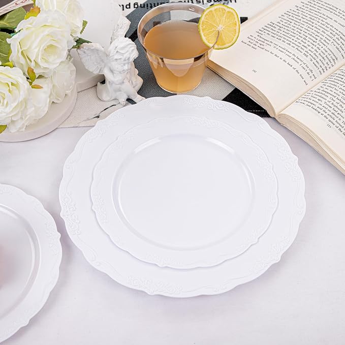 U-QE 100 Pieces White Plastic Plates - White Disposable Plates - Premium Hard Plastic Disposable Plates for Wedding and Party Use Including 50 Dinner Plates 10 '' & 50 Dessert Plates 7.5 ''