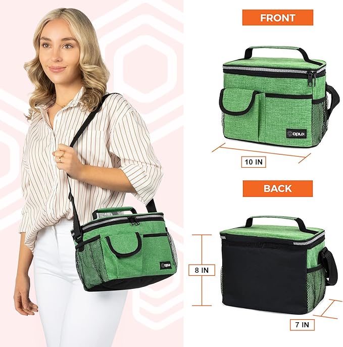 opux Insulated Lunch Box for Men Women Kids, Leakproof Reusable Lunch Bag Cooler for Work School Office, Soft Thermal Lunchbox Tote Shoulder Strap for Boys Girls Adults, Heather Green, 14 Can/8L