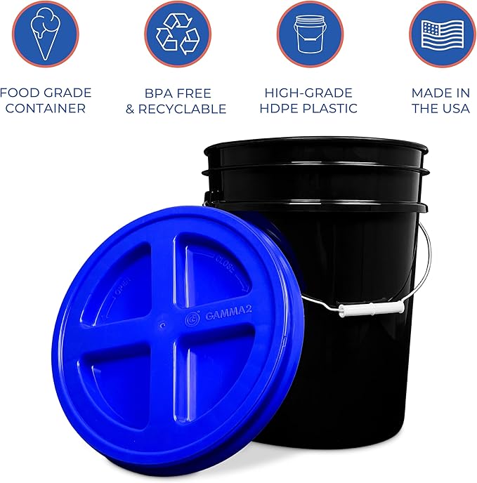 ePackageSupply 5 Gallon Bucket - Food Grade Bucket with Airtight Gamma Seal Screw-On Lid, BPA-Free, Heavy-Duty 90 Mil HDPE Plastic, Bulk Storage, Durable Container, Made in USA, Black/Blue, 3 Packs