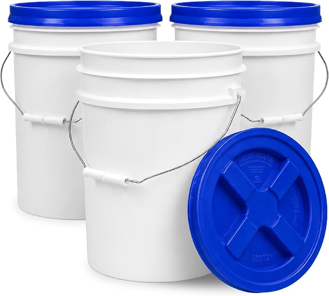 ePackageSupply 5 Gallon Bucket - Food Grade Bucket with Airtight Gamma Seal Screw-On Lid, BPA-Free, Heavy-Duty 90 Mil HDPE Plastic, Bulk Storage, Durable Container, Made in USA, White/Blue, 3 Packs