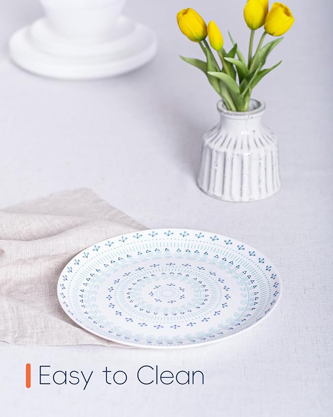 LaGlint 10.5 inch Dinner Plate Set of 6, Lightweight Round Opal Glass Dinnerware Plates, Dishwasher and Microwave Safe, Navy Geometric Floral Mandala Pattern