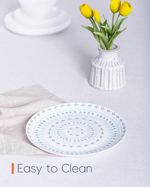 LaGlint 10.5 inch Dinner Plate Set of 6, Lightweight Round Opal Glass Dinnerware Plates, Dishwasher and Microwave Safe, Navy Geometric Floral Mandala Pattern