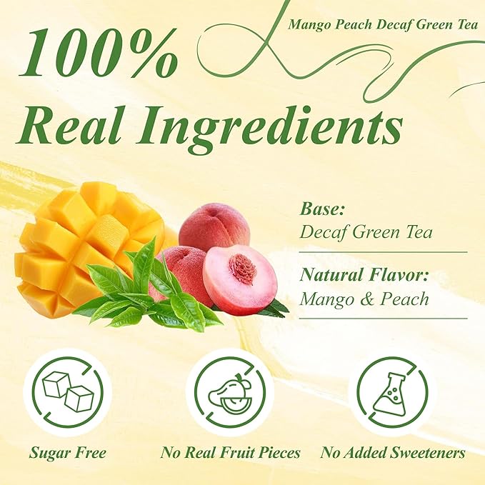 WT WEETEE Mango Peach Decaf Green Tea Bags  50 Count, Flavored CO₂  Decaffeinated Green Tea, Natural Mango & Peach Flavoring, No Add Sweeter