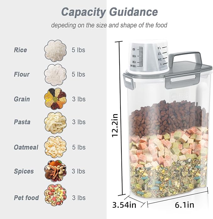 LEAWALK Airtight Rice Storage Container, 3-5Lbs Cereal Dry Food Flour Bin, Pet Dog Cat Food Dispenser with Measuring Cup, BPA Free Plastic Kitchen and Pantry Organization Bin for Sugar-Clear Grey