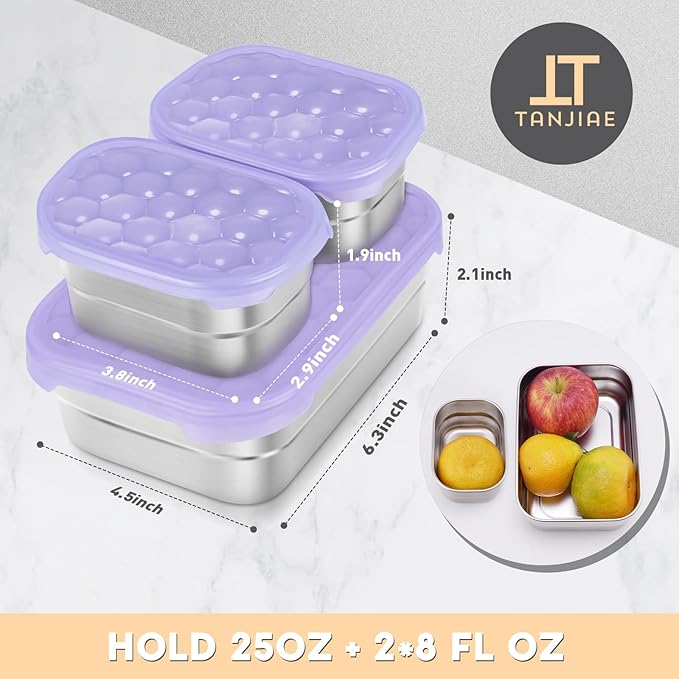 Tanjiae Small Stainless Steel Lunch Containers for Kids | Leak Proof BPA Free Snack Containers with 100% Pure Silicone Lids - Perfect Metal Lunch Box with Lids for School and Daycare (25oz+8oz*2)