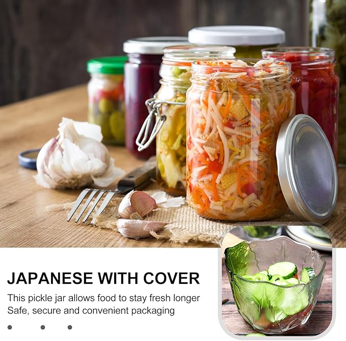 GARVALON Japanese Style Glass Pickle Jar with Lid, 1.2l Airtight Fermentation Jar for Salted Pickles and Chinese Sauerkraut Storage, Household Kitchen Food Container for Kimchi