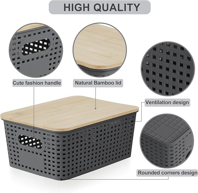 Bagnizer Small Plastic Storage Bins with Bamboo Lids 5.2qt Stackable Box Basket Pantry Decorative Containers Cute with Label for Organizing Desktop Closet Office Gray of 6 packs 10 * 7.2 * 4.1"