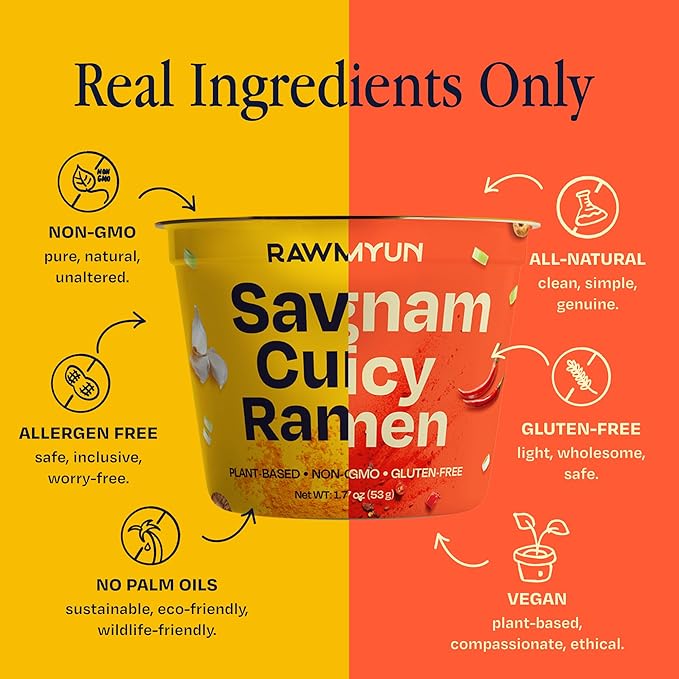 RAWMYUN Gluten Free Healthy Korean Ramen Vegan Superfood Clean Ingredients Plant-Based Cup Noodles made with Organic Rice Noodles Instant Soup | No MSG, Non-GMO, Real Ingredients (3 Gangnam Spicy x 3 Savory Curry)