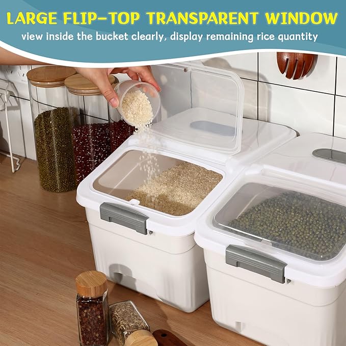 Blushtier 4 Pack Large Rice Storage Containers 30 Lbs Airtight Flour Container with Seal Locking Lid and Measuring Cup Kitchen Dry Food Storage Bins for Cereal Sugar Beans (Creamy White)