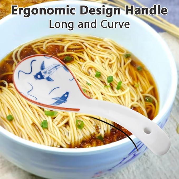 Chinese Soup Spoons Set of 4 Korean Spoons Porcelain Ramen Spoons for Pho Noodle Cereal Dumpling
