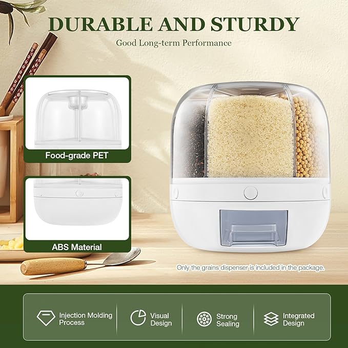 360° Rotating Grain Storage Container – Large Rice Dispenser with One-Click Output, Multi-Compartment Kitchen Organizer for Small Grains, Beans, Flour (Airtight & Stackable)