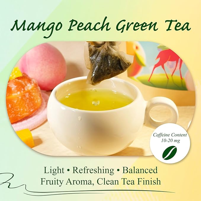 WT WEETEE Mango Peach Green Tea Bags 100 Count, Flavored Steam Green Tea, Natural Mango & Peach Flavoring, No Add Sweeter | Fruity & Refreshing Hot or Iced Tea