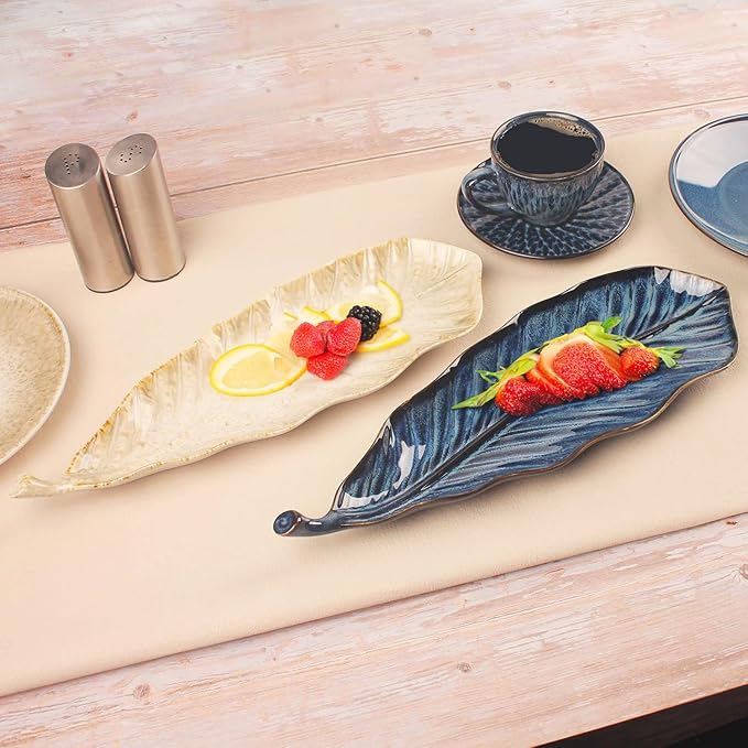 Serving Platter Olives Plate Set of 2, Large Serving Tray for Entertaining, Porcelain Trays and Platters, Salad Appetizer Tray,Dishwasher & Microwave Safe, Gradient beige 17 Inch