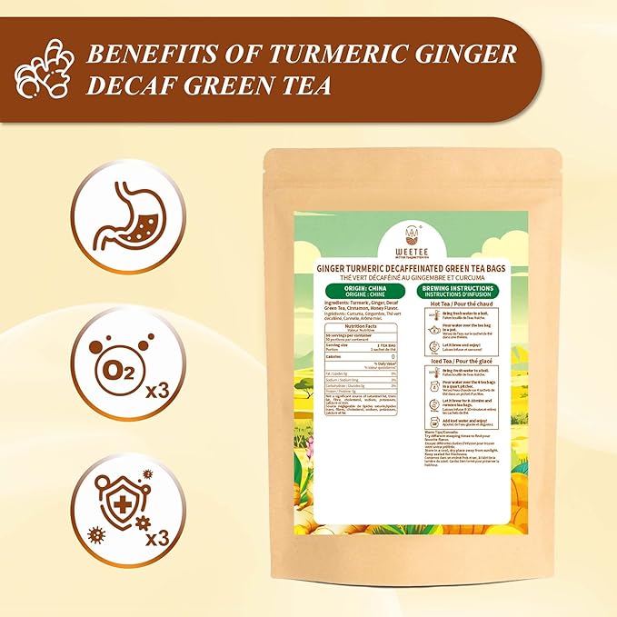 WT WEETEE Ginger Turmeric Decaf Green Tea Bags  50 Count – CO₂ Decaffeinated Green Tea with Ginger, Turmeric & Honey Aroma, Smooth and Gently Spiced Flavor