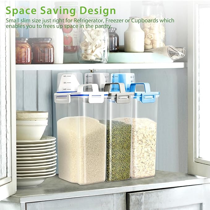 Viretec Rice Airtight Storage Container, 3 to 5Lbs Cereal Dry Food Flour Bin, Pet Dog Cat Food Dispenser with Measuring Cup, BPA Free Clear Plastic Kitchen and Pantry Organization Bin for Sugar, Pasta