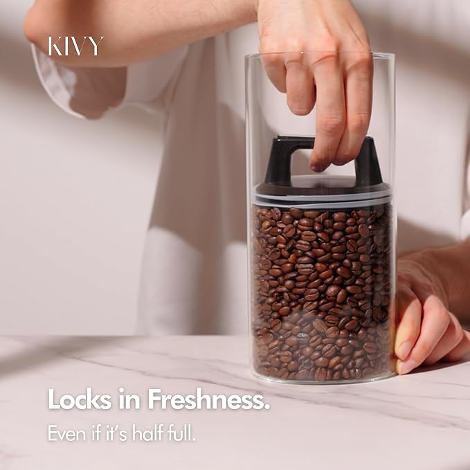 KIVY Vacuum Coffee Canister - Push Lid Preserves Coffee Aroma & Oil - Stainless Steel Airtight Coffee Canister - Removes Excess Air