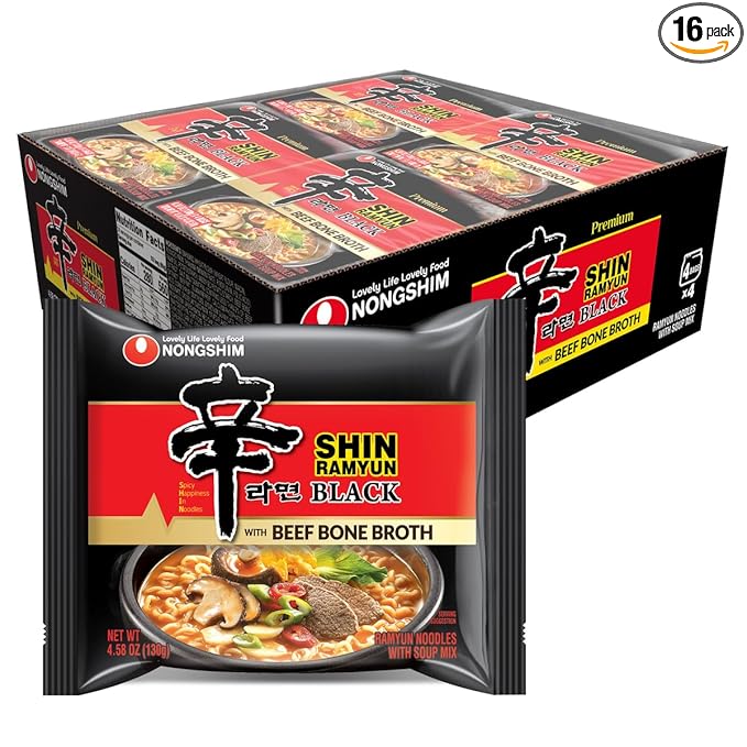 Nongshim Shin Ramyun Black Noodles, Spicy Korean Signature Instant Ramyun, Rich Beef Bone Broth, Pantry Essential Korean Noodles, Quick and Easy, 4.58 oz (Pack of 16)
