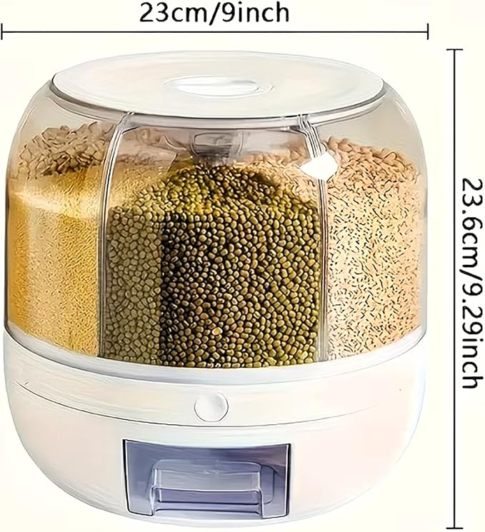 13Lbs Medium Grain dispenser 360°Rotating Rice Food Dispenser 6 Grids rice container rotatable Beans Containers Storage with Sealed lid for Peanut Barley Millet and Cereal