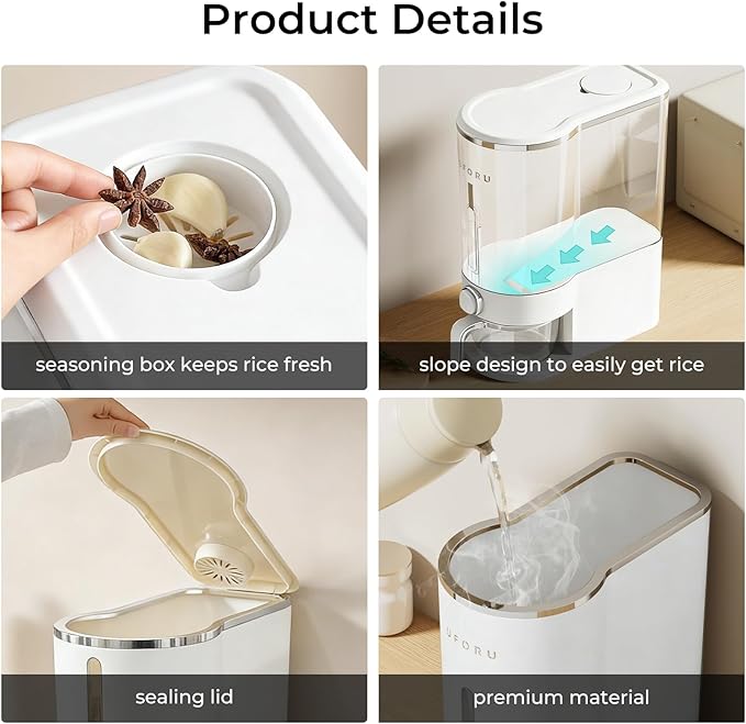 UFORU Rice Dispenser, Rice Storage Container with Measuring Cup for Kitchen Pantry Household, Cereal Dry Food Storage Containers Airtight, Sealed Moisture Proof (White 22 Lbs)