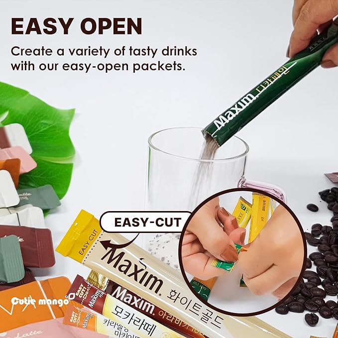 CUTIE MANGO Maxim & Ice Coffee Mix 20 Sticks | Korean Instant Coffee Sampler 4 Flavors Packets (5 Sticks Each) | White Mocha Original Ice Coffee Assortment Café Style | Camping Party Office Easy-Cut